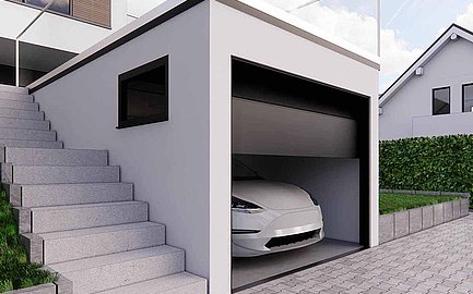 Grötz Fertiggarage mit weißem Auto.