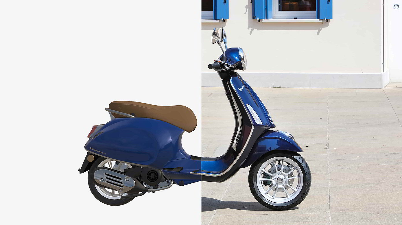 Foto einer blauen Vespa vs 3D
