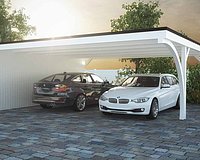Zwei BMWs unter einem weißen Carport bei Sonnenuntergang.