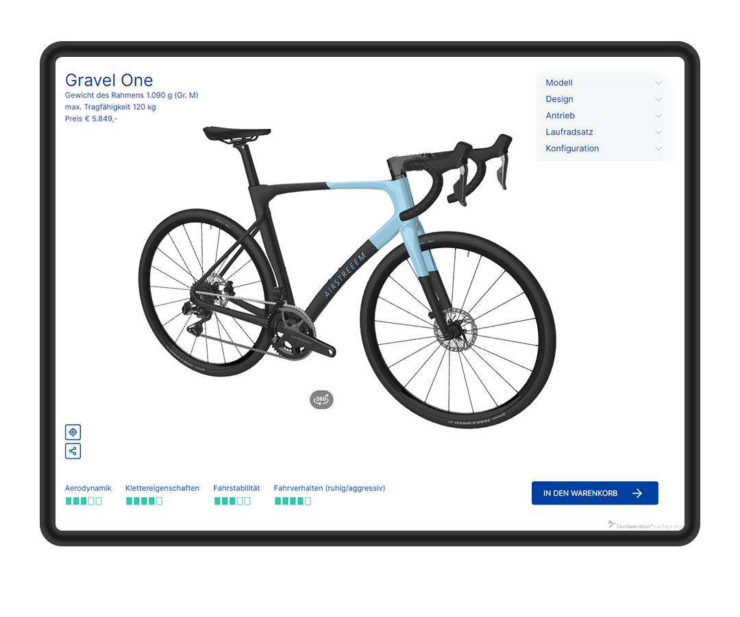 Hellblaues Rennrad wird auf einem Tablet angezeigt