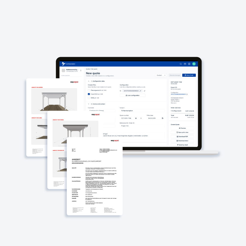Laptop mit Easycarport-Konfigurator und digitalen Angebotsdokumenten im Vordergrund.