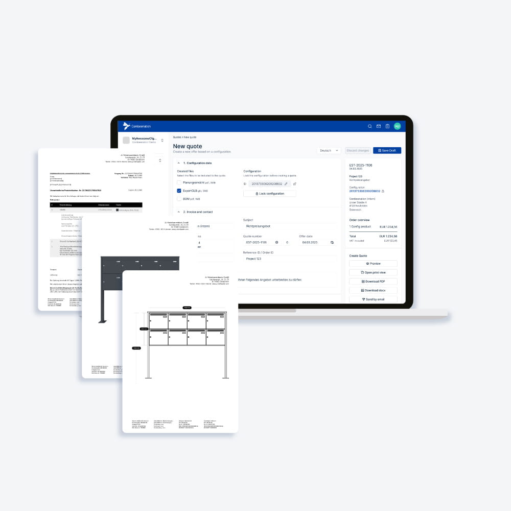 Laptop mit JU-Konfigurator und Dokumentensymbolen.