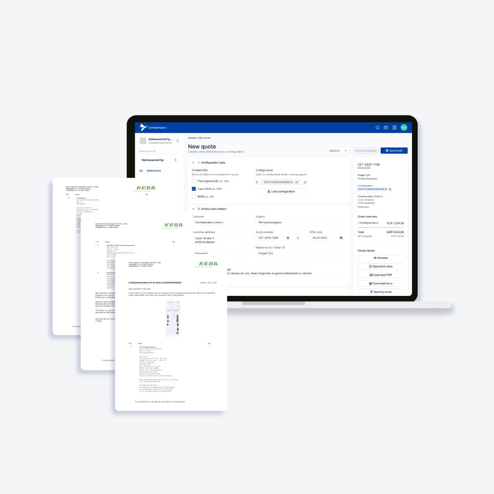 Laptop mit KEBA-Konfigurator und Dokumentensymbolen.
