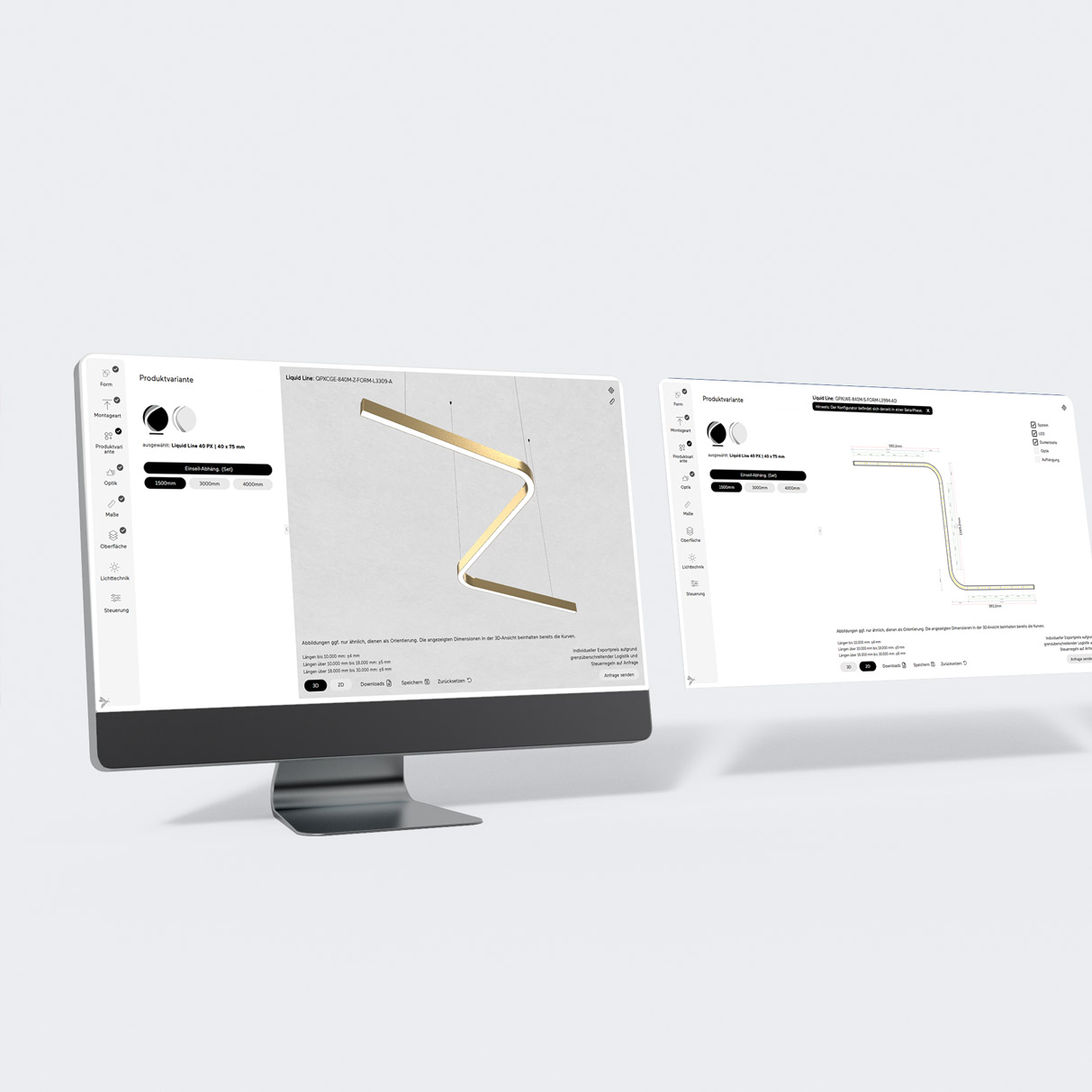 Produktkonfigurator für individuelle Leuchten mit interaktiver 3D-Ansicht und technischer 2D-Zeichnung.