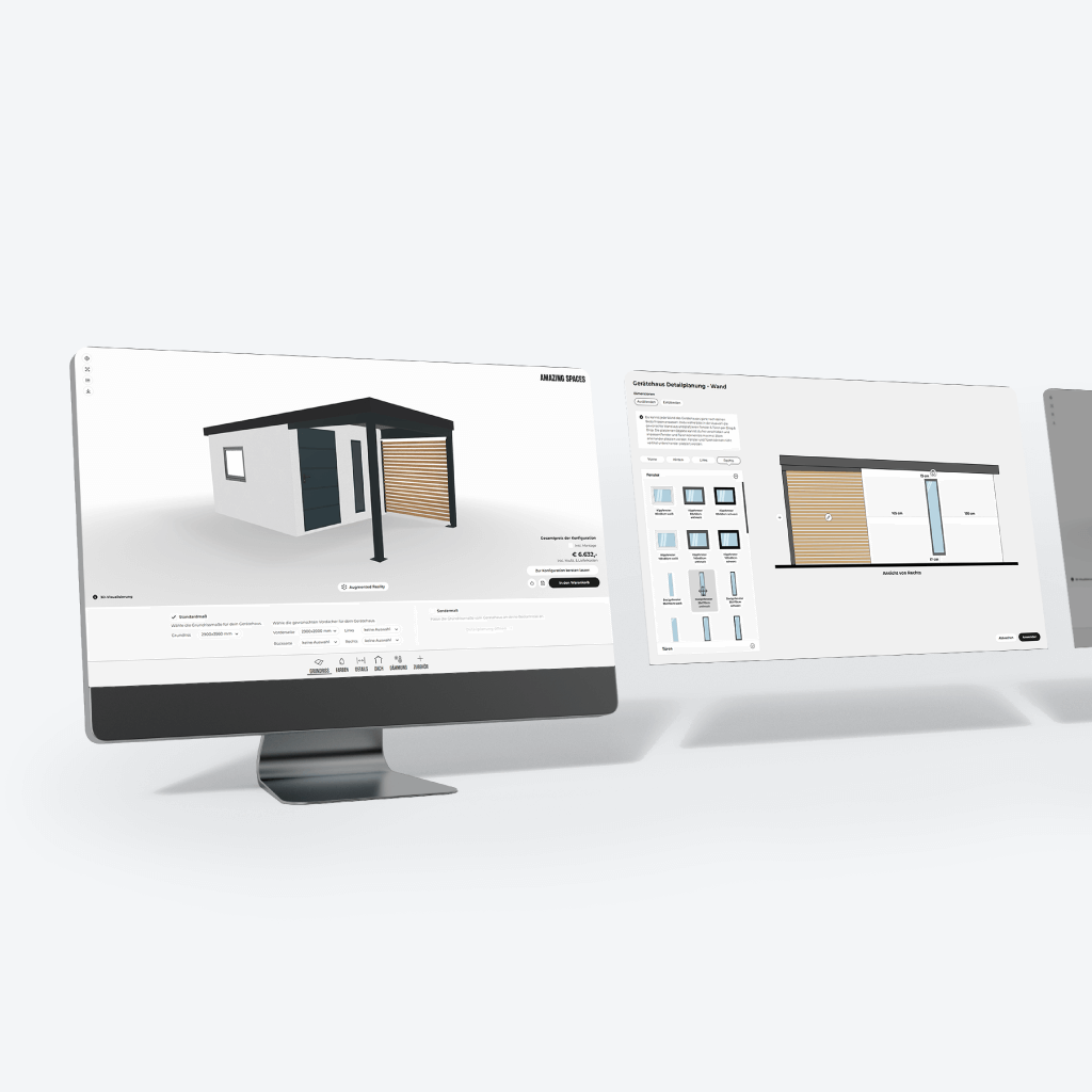 Mockup of a product configurator for garden sheds with 2D and 3D view