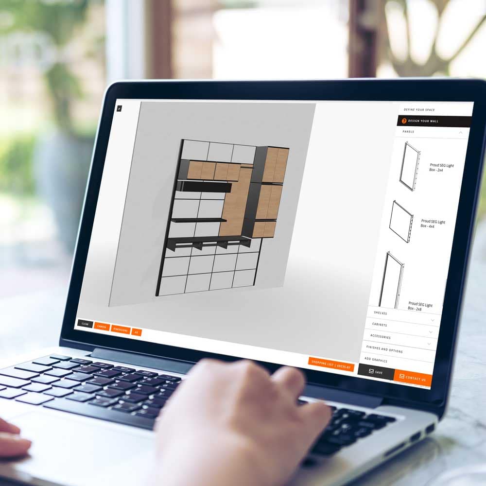 Interaktive Produktkonfiguration eines modularen Möbel- bzw. Wandsystems am Laptop.