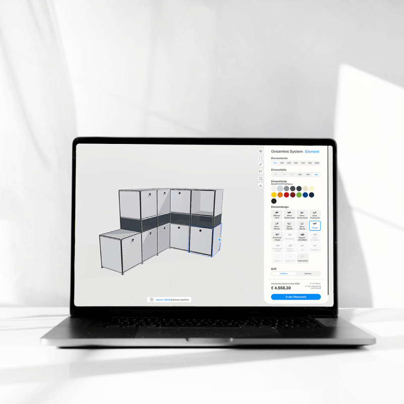 Laptop shows 3D configurator for modular wardrobe systems