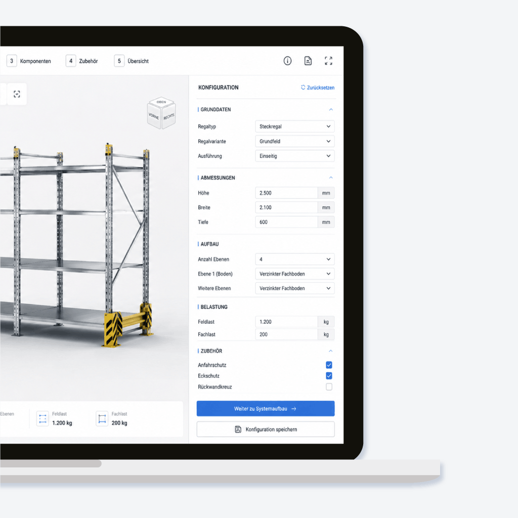 3D-Konfigurator für ein industrielles Regalsystem mit Produktvorschau und Einstellungen zu Abmessungen, Ebenen, Belastung und Zubehör.