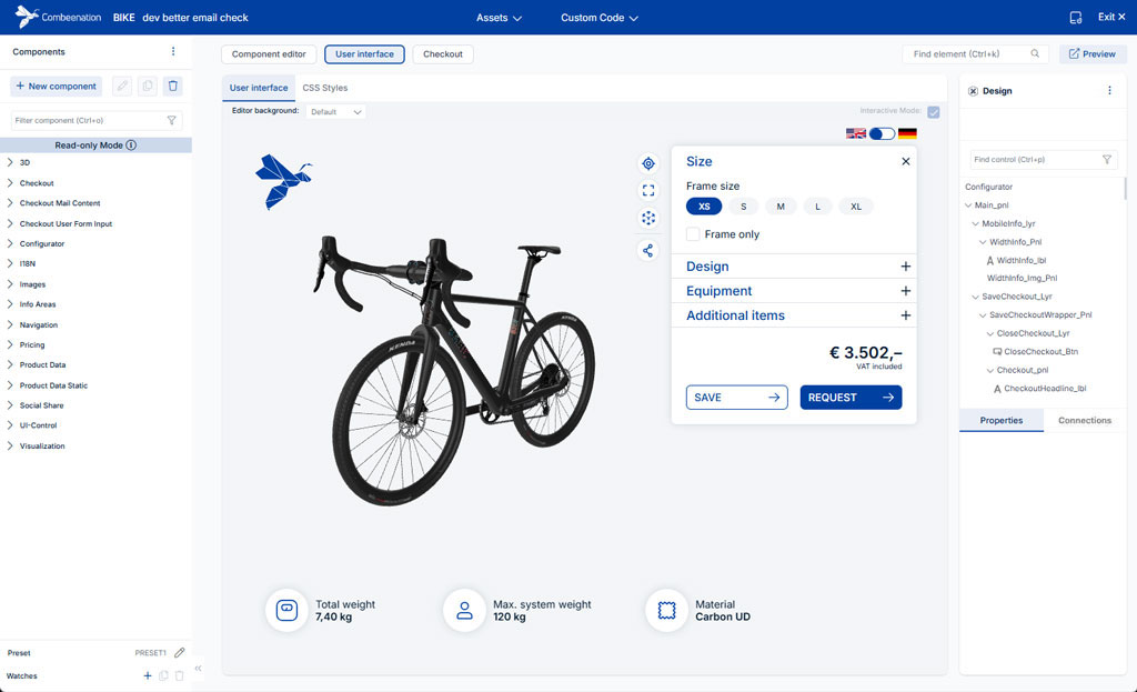 User interface for bike configuration with 3D model and selection options.