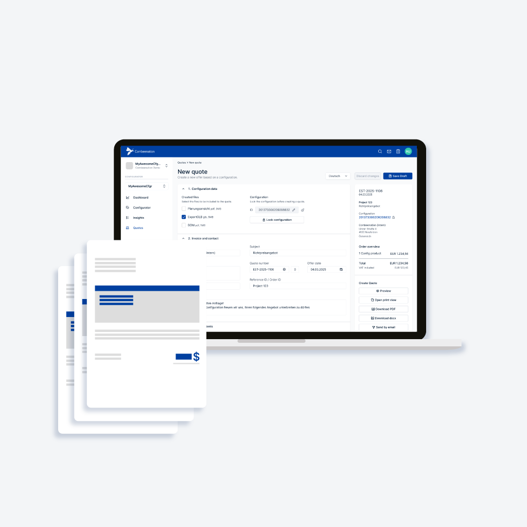 Laptop mit geöffneter Angebotssoftware und stilisierten Angebotsdokumenten daneben.