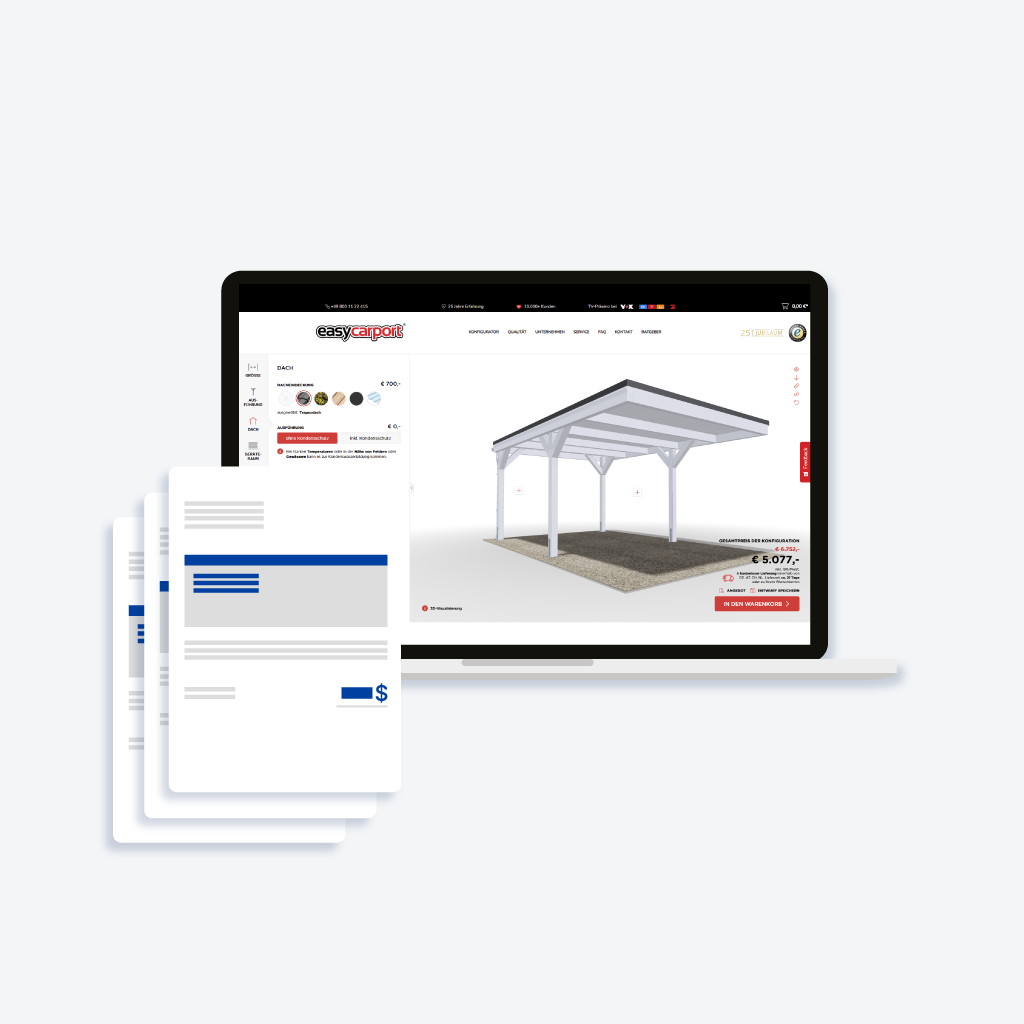 Laptop mit Easycarport-Konfigurator und digitalen Angebotsdokumenten im Vordergrund.