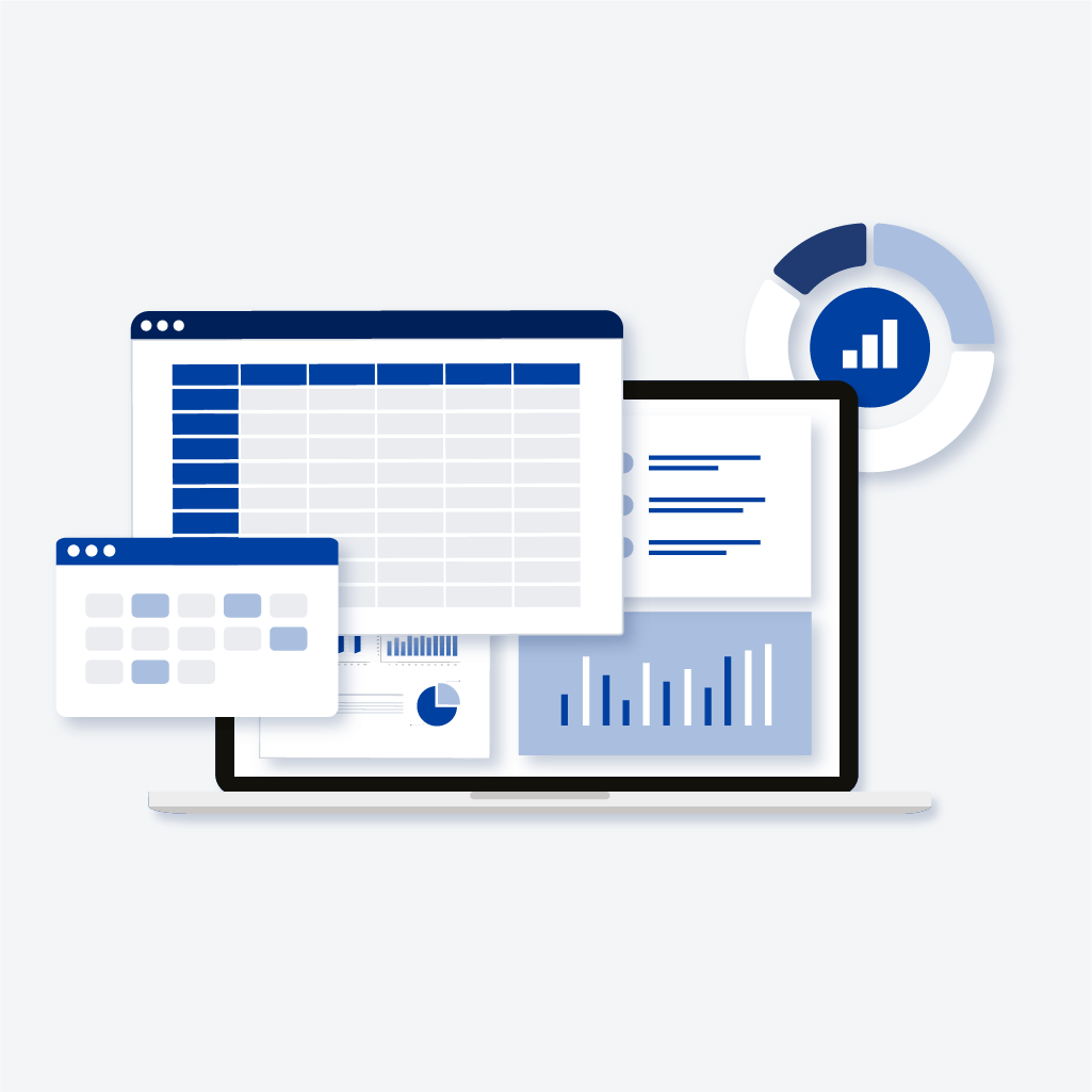 Symbolische Darstellung: Datenanalyse und Informationsübersicht am Laptop