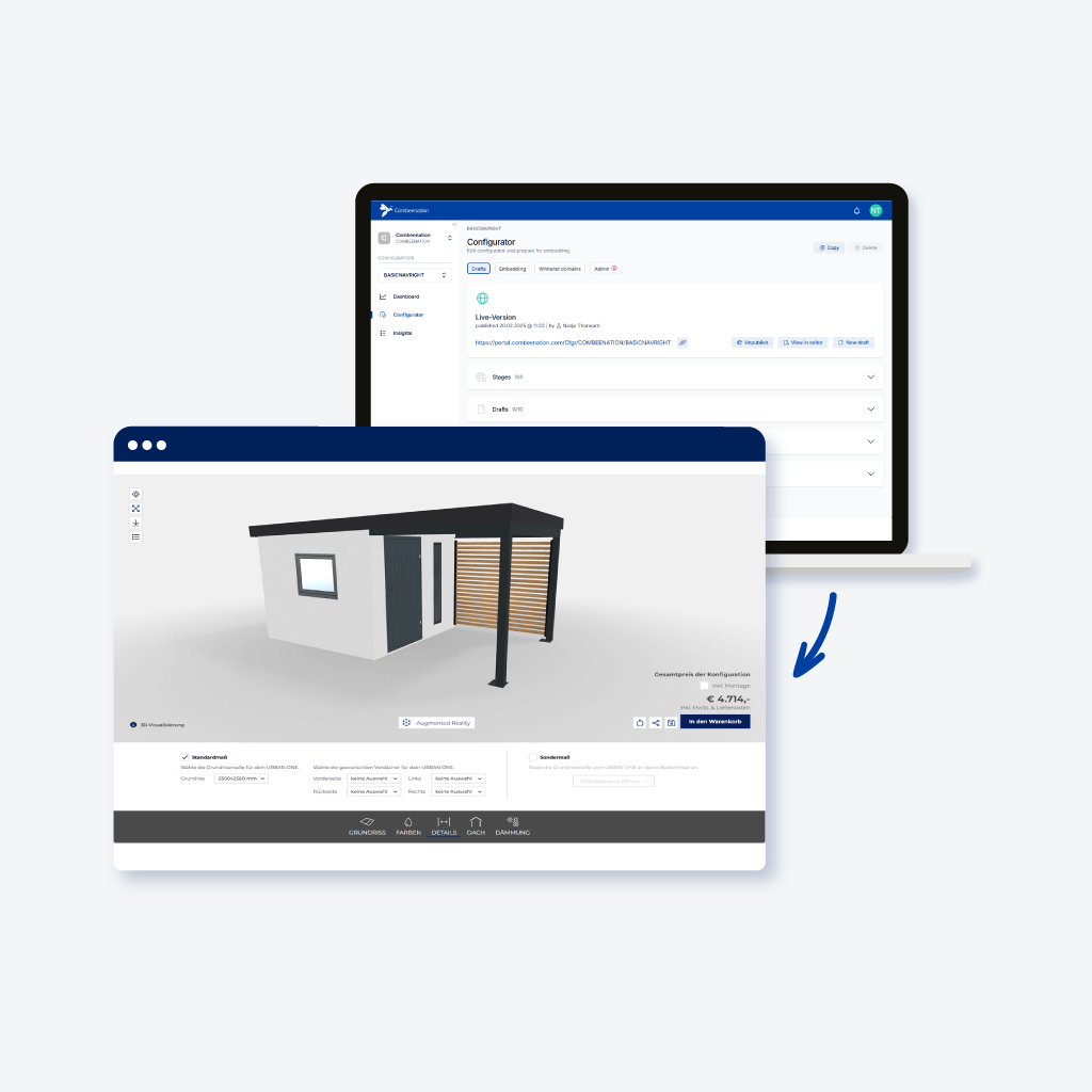 Configurator interface for a modular house with 3D preview and price indication in front of a platform view in the background.