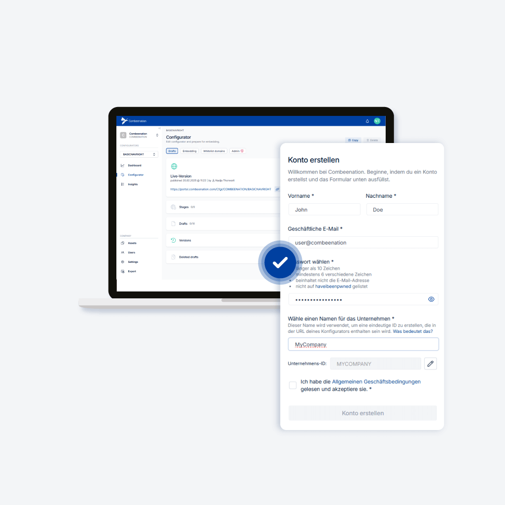 Registration form for account creation before the Combeenation platform interface is opened.
