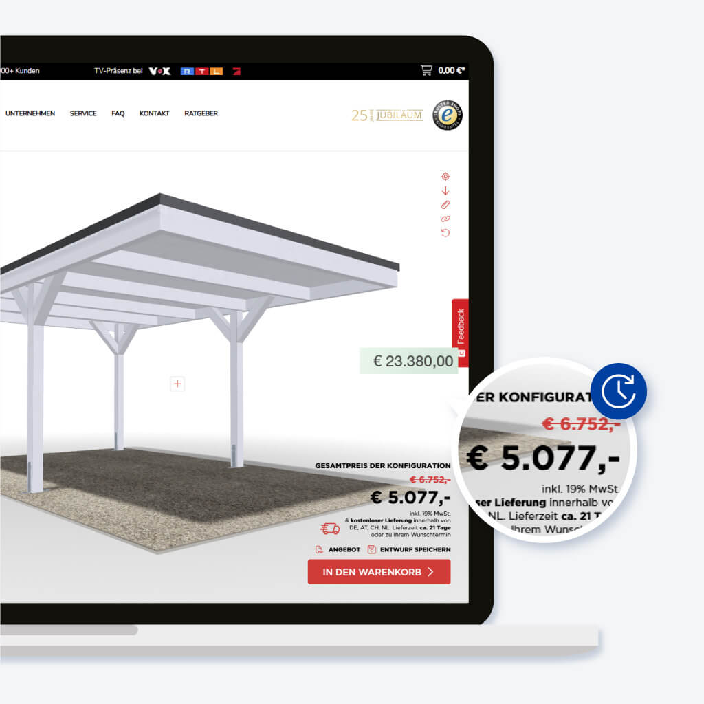 Detailansicht eines digitalen Carport-Konfigurators mit Preisaktualisierung.