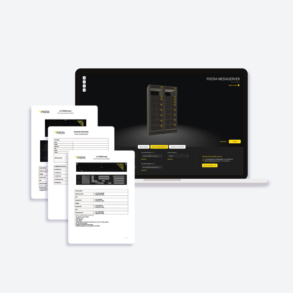 PIXERA Konfigurator mit generierten Angebots-PDFs.