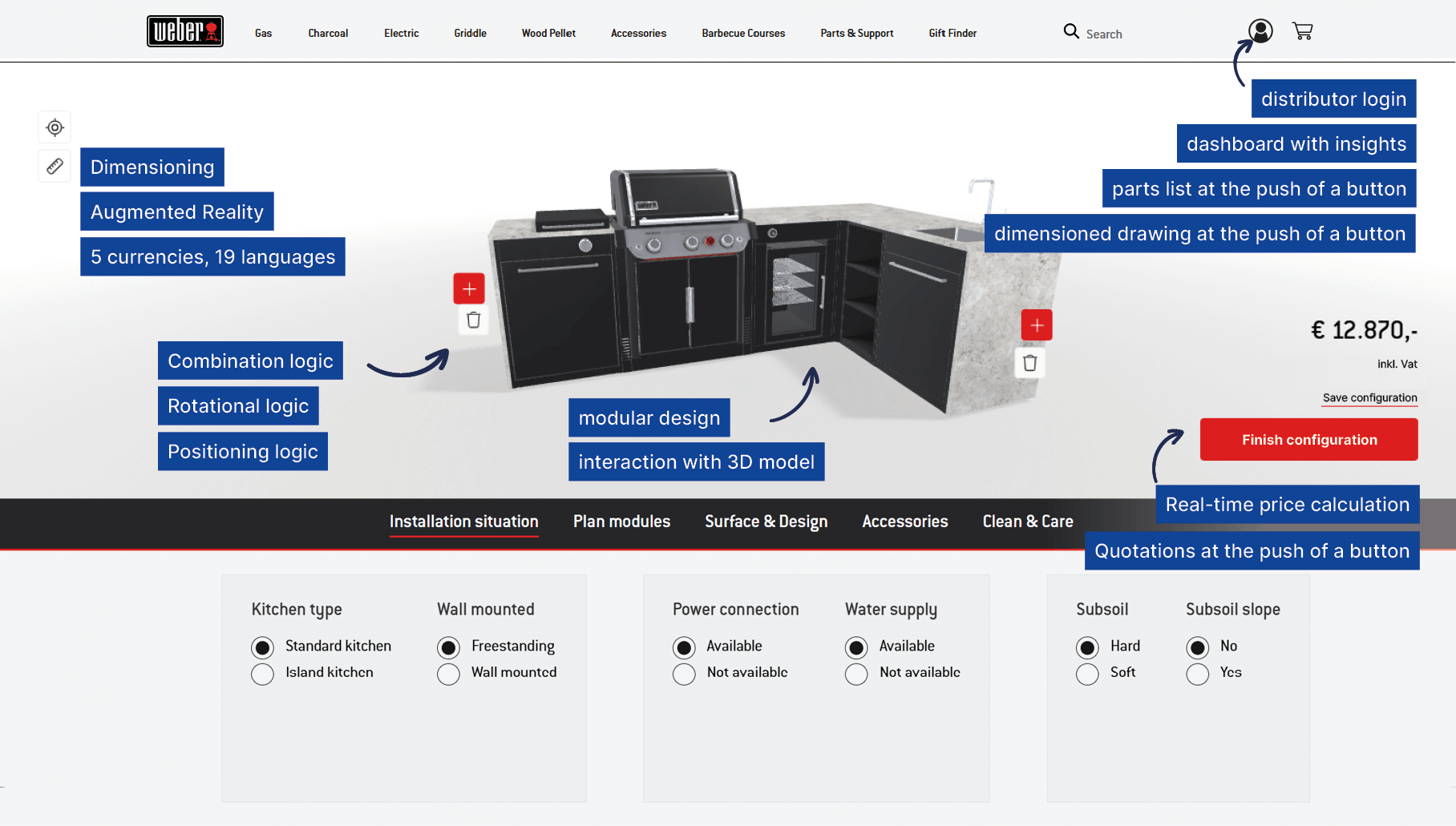 3D configurator for outdoor kitchens with functions