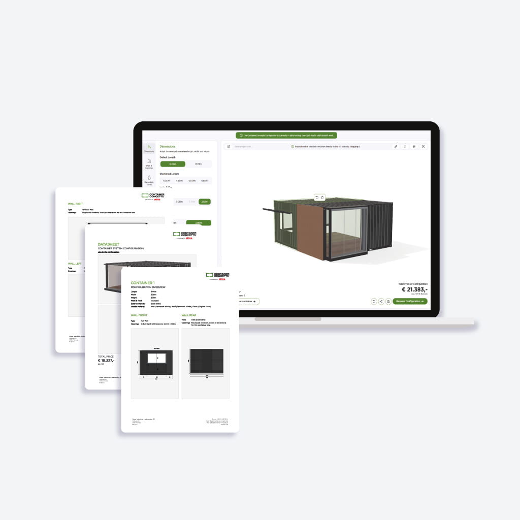 Digitaler Containerkonfigurator mit automatisierten Dokumenten und Preisberechnung.