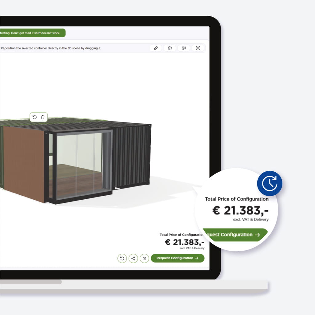 Echtzeit-Preisberechnung für individuelle Containerkonfigurationen.