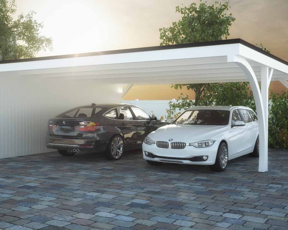 Two BMWs under a white carport at sunset.