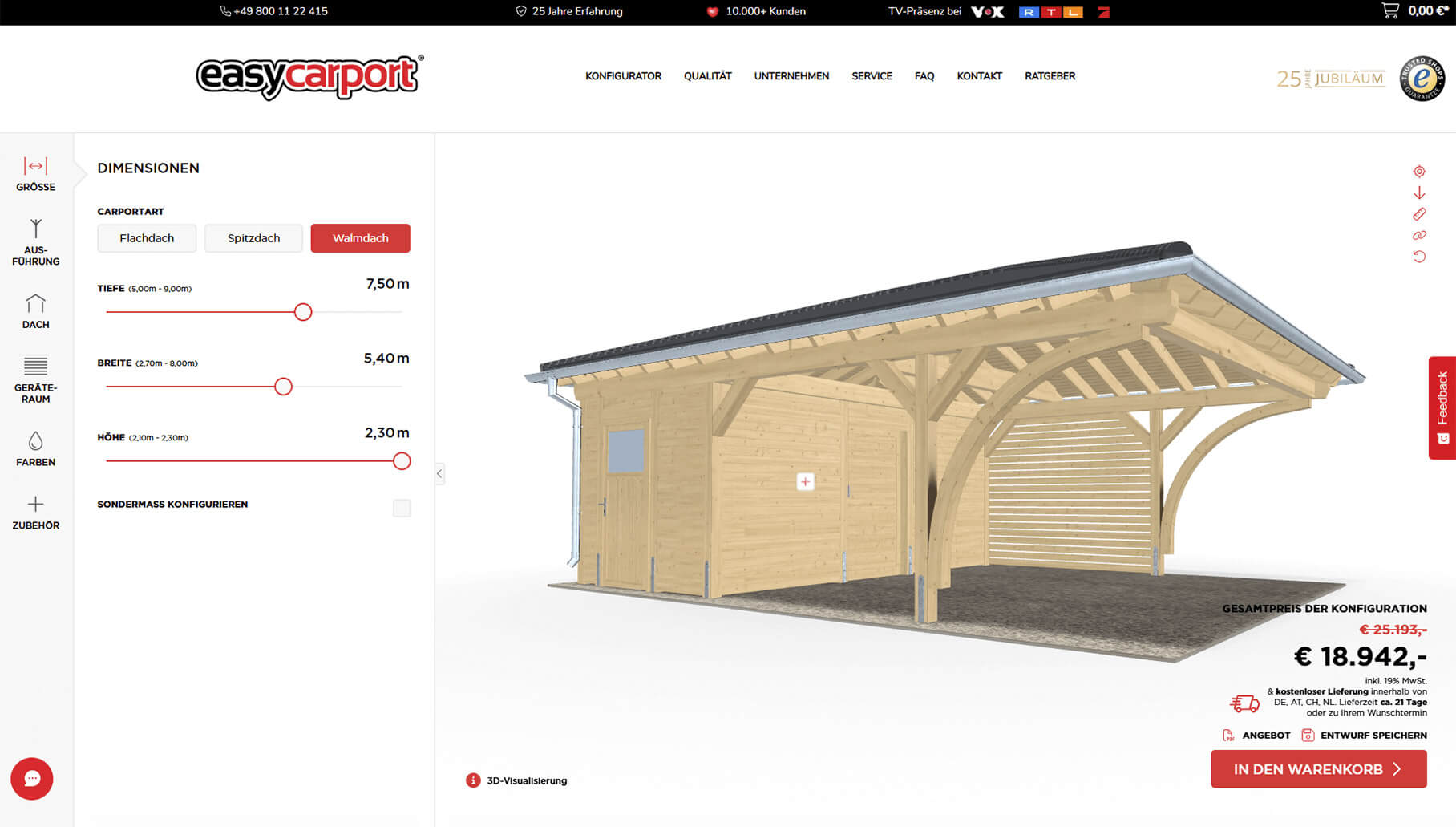 3D-Konfigurator für ein Holzcarport mit Walmdach und Geräteraum auf der Easycarport-Website.