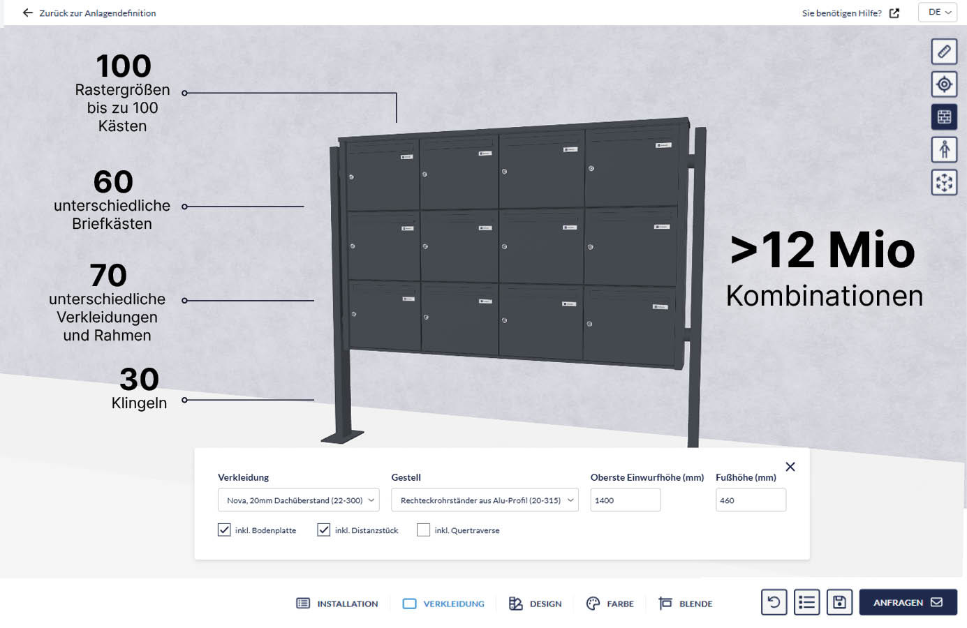 Briefkasten-Konfigurator mit >12 Mio. Kombinationen, bis zu 100 Kästen, 60 Modelle, 70 Verkleidungen und 30 Klingeln.
