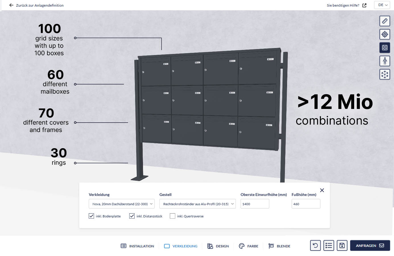 Mailbox configurator with 12+ million combinations, up to 100 boxes, 60 models, 70 covers and 30 doorbells.