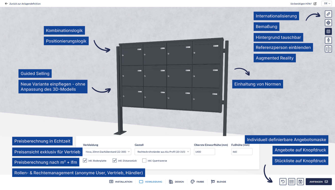 3D-Briefkasten-Konfigurator mit Guided Selling, Echtzeit-Preis, AR, Angebots- und Stücklistenfunktion.