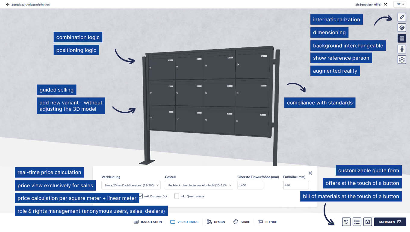 3D mailbox configurator with guided selling, real-time pricing, AR, quotation and parts list functions.