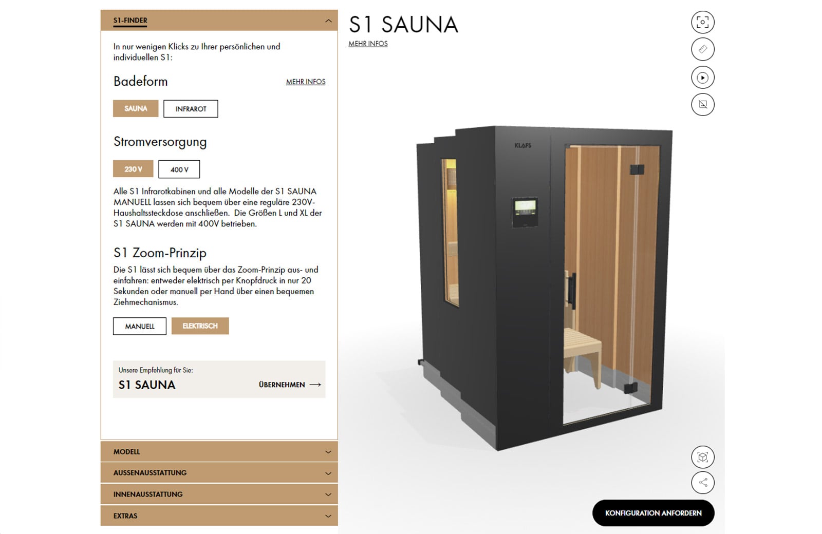 Screenshot von einem Sauna Konfigurator.