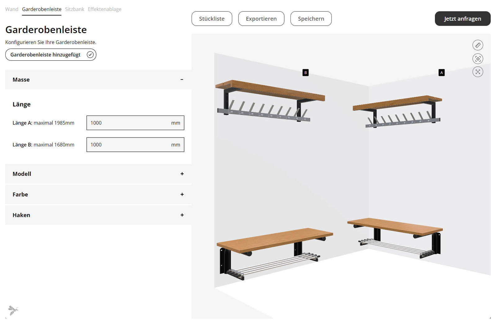 Screenshot von einem Garderoben Konfigurator.
