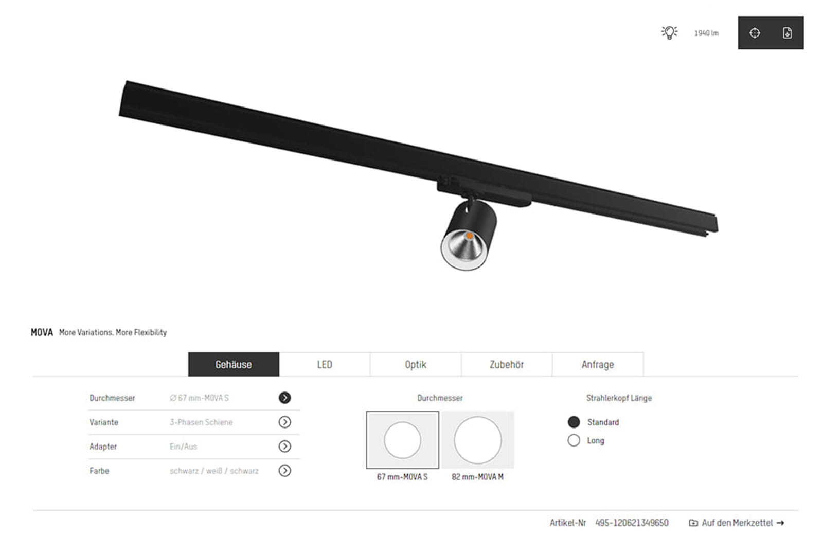 Screenshot of lamps configurator