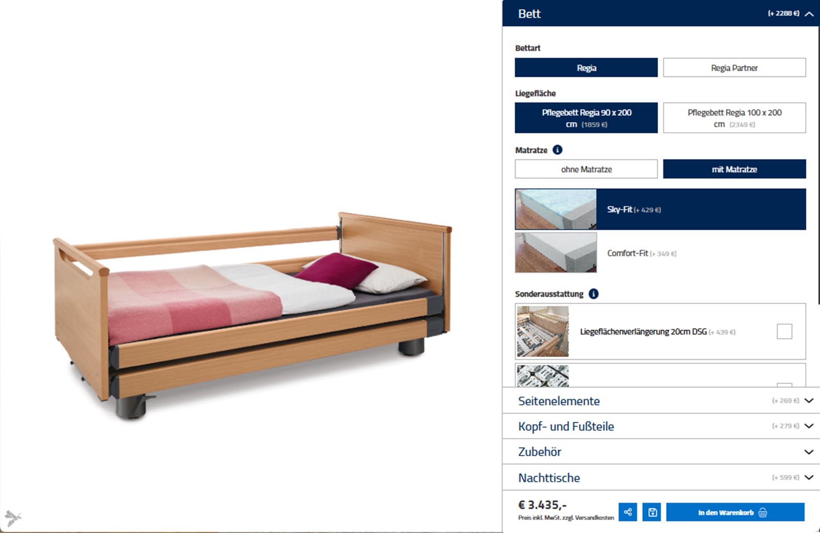 Screenshot von einem Pflegebetten Konfigurator