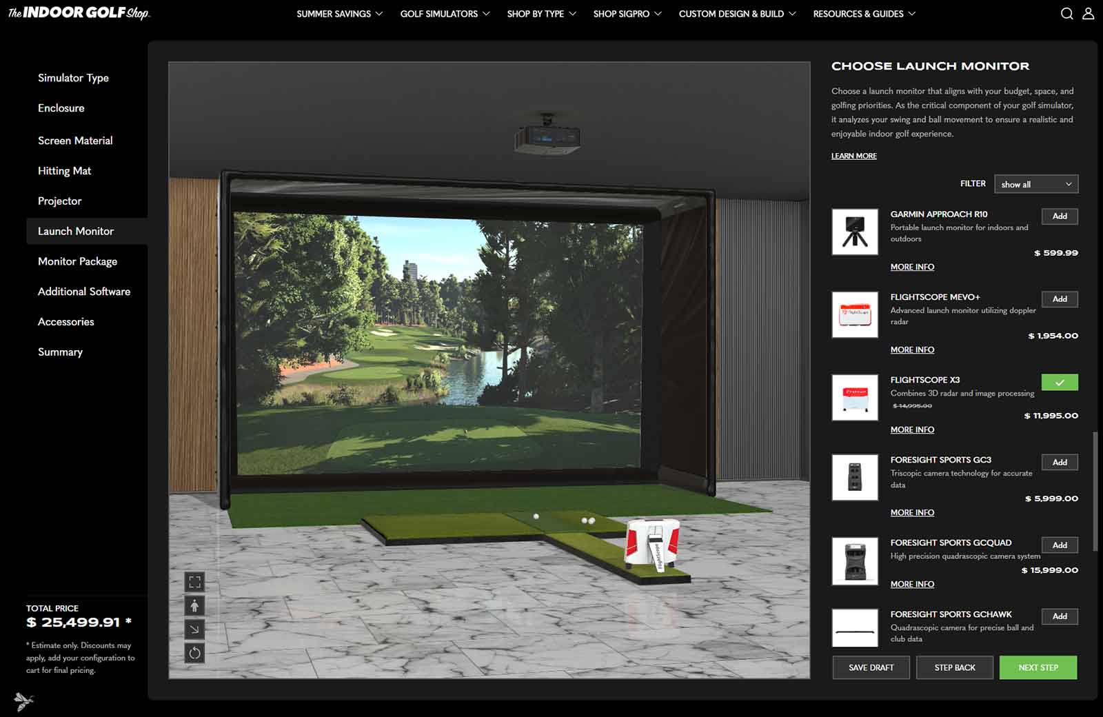 Screenshot von einem Golfsimulator Konfigurator