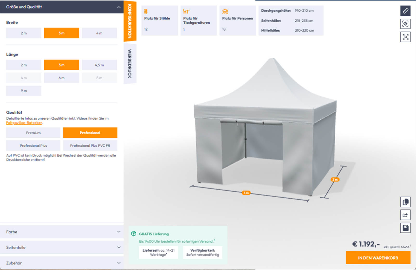 Screenshot of a configurator for folding pavilions
