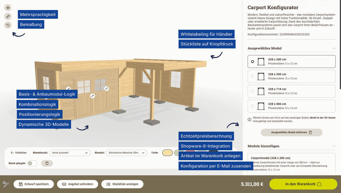 3D-Carport-Konfigurator mit Modulauswahl und Shop-Integration.