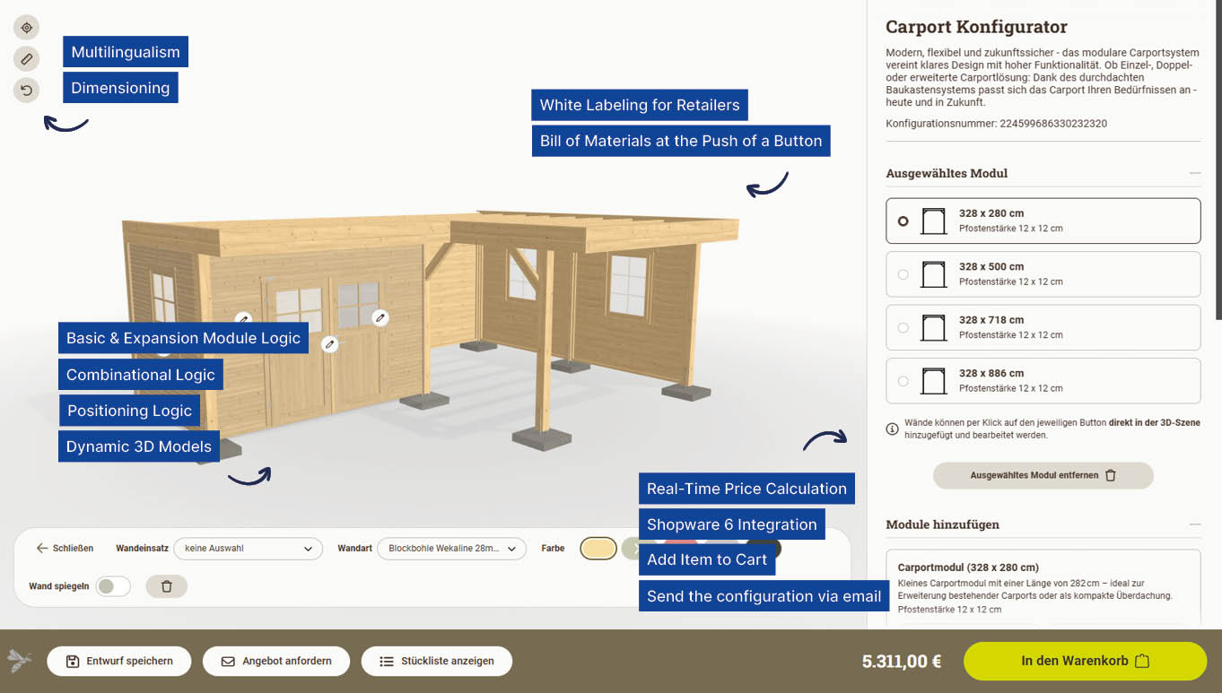 [Translate to English:] 3D-Carport-Konfigurator mit Modulauswahl und Shop-Integration.