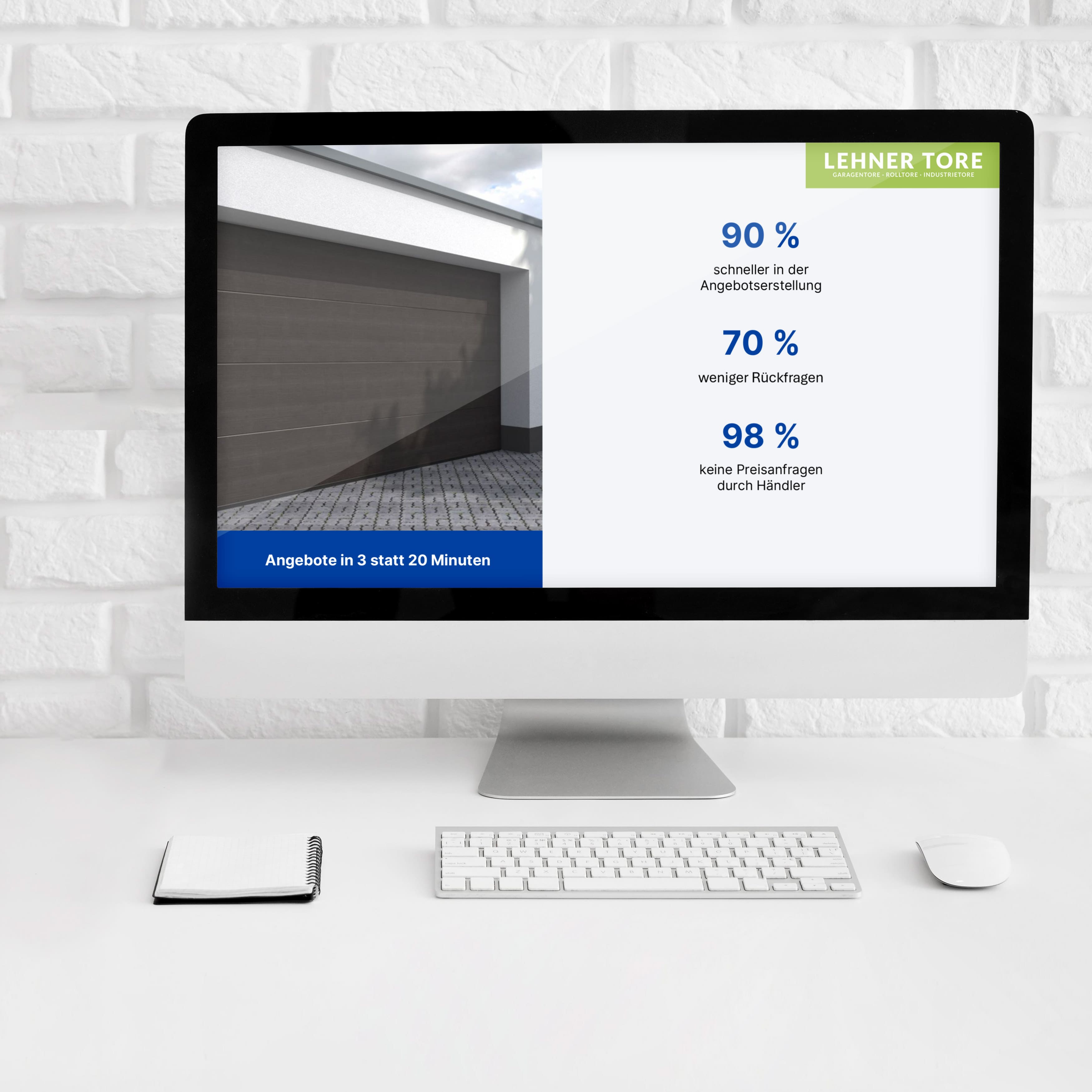 Lehner Tore Präsentation mit Garage und Angebotsstatistiken auf iMac.