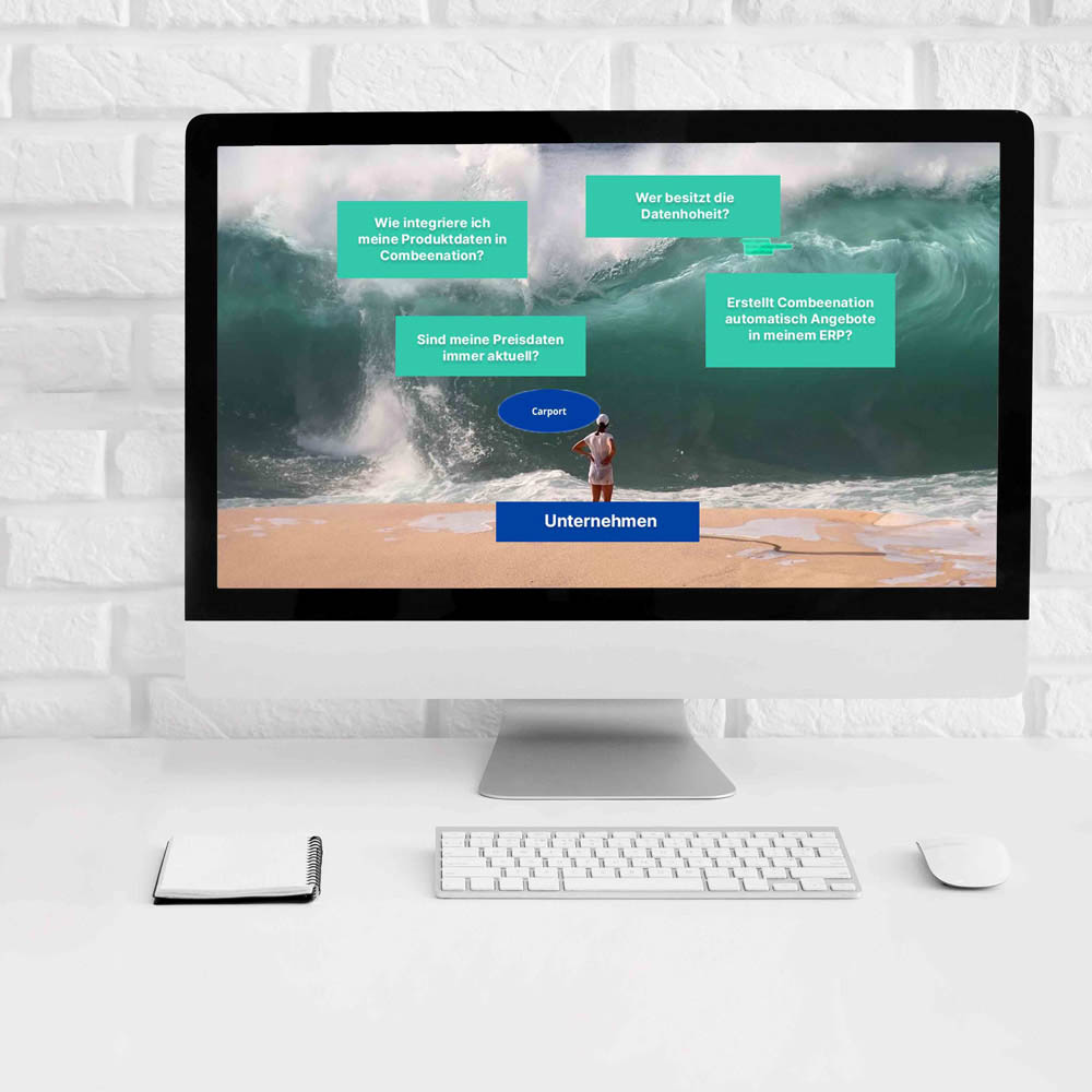 A screen showing a large wave, with a woman standing in front of it.