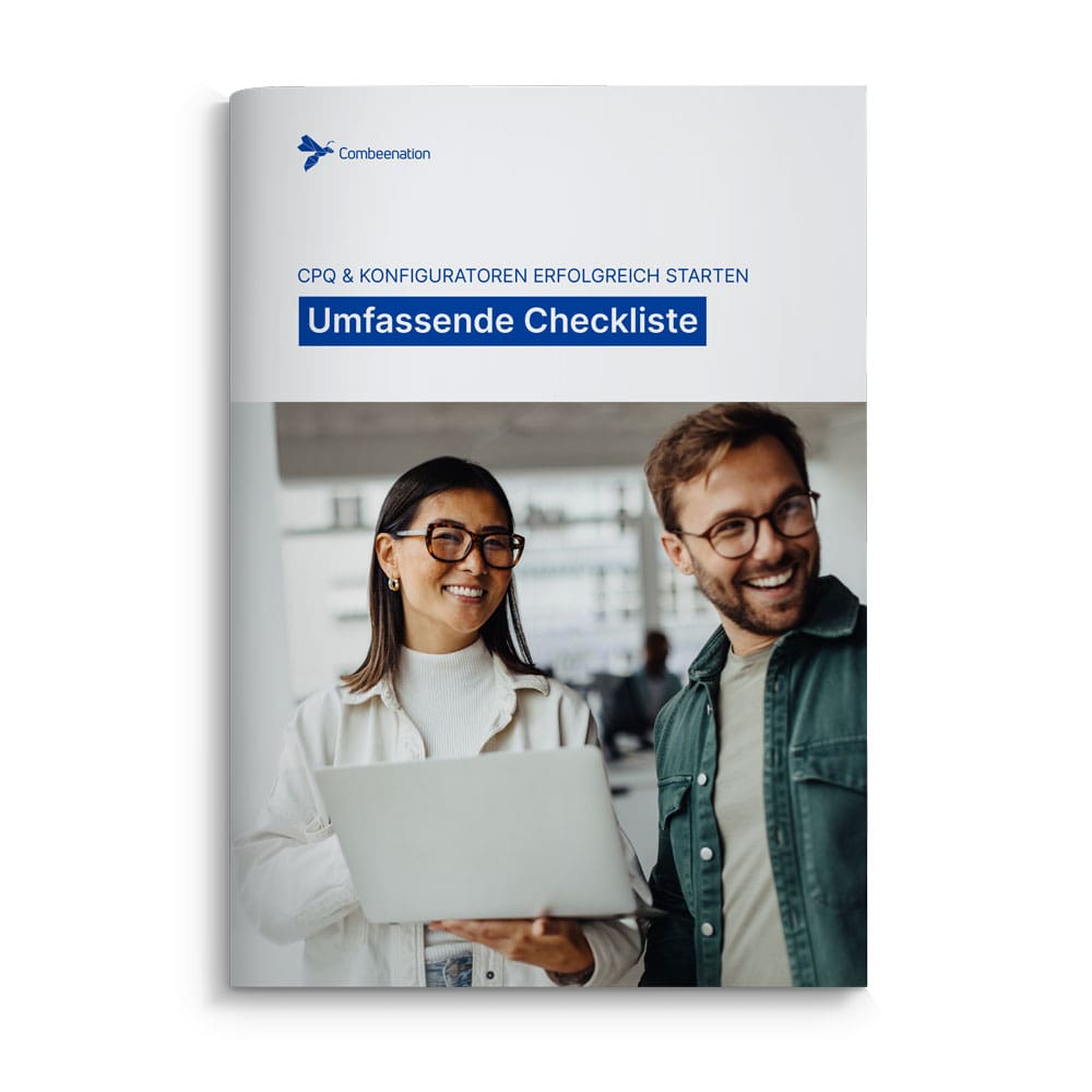 Cover einer CPQ-Checkliste mit zwei Personen und Laptop.